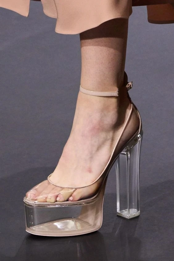 

Crystal Transparent Platform Pvc Upper Ankle Straps Buckle Chunky Heels Sandals Unique Designer Catwalk Women's Party Dress Shoe