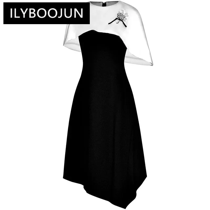 

ILYBOOJUN Spring Fashion Designer Vintage Hit Color Dress Women Cloak Sleeves Diamond Beading High Waist Slim Spliced Long Dress