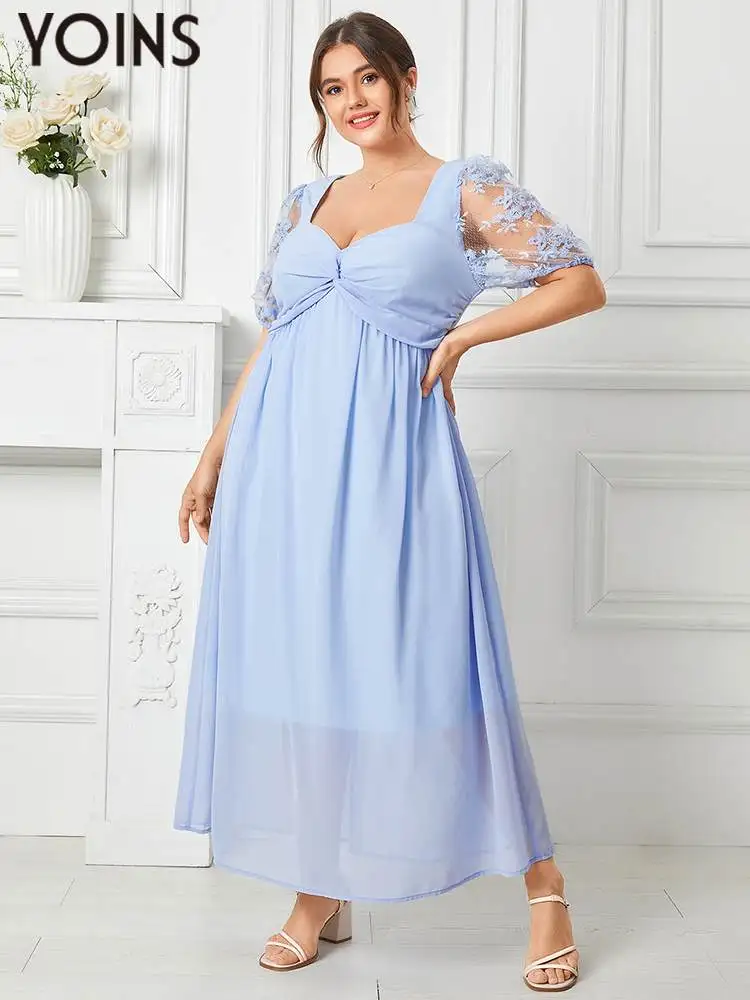 

YOINS 2023 Plus Size Women Long Dress Fashion Half Puff Sleeve Summer Embroidered Mesh Elegant Vestidos Female Party Dresses