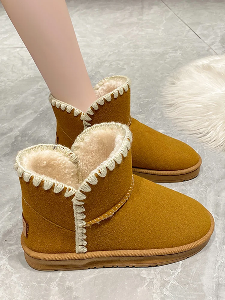 

Ботинки на среднем каблуке, женские ботинки с круглым носком, женская зимняя обувь, австралийская женская кожаная обувь на плоской резиновой подошве, 2023, зимняя Базовая однотонная обувь Fl