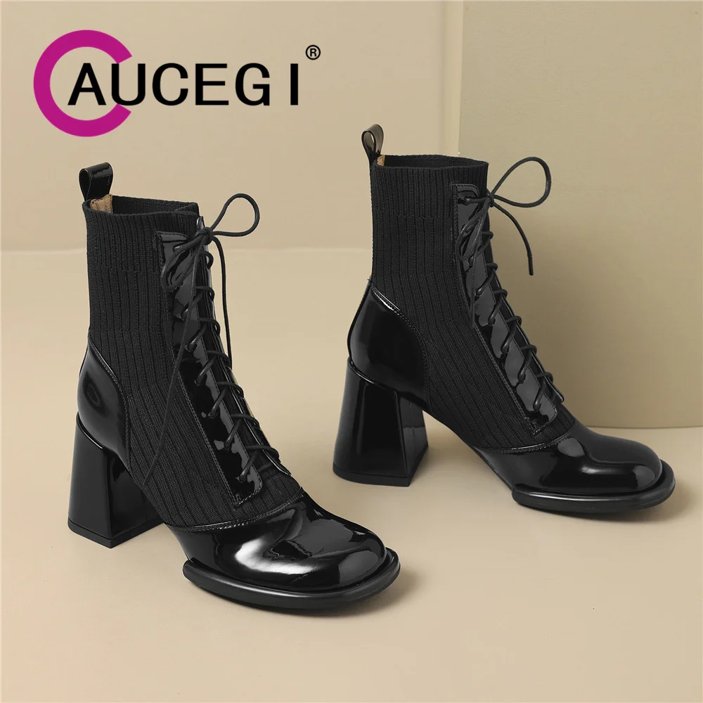 

Aucegi New Women Round Toe Ankle Boots Autumn Winter Patent Leather Patchwork Knitting Lace Up Thick High Heels Dress Shoes