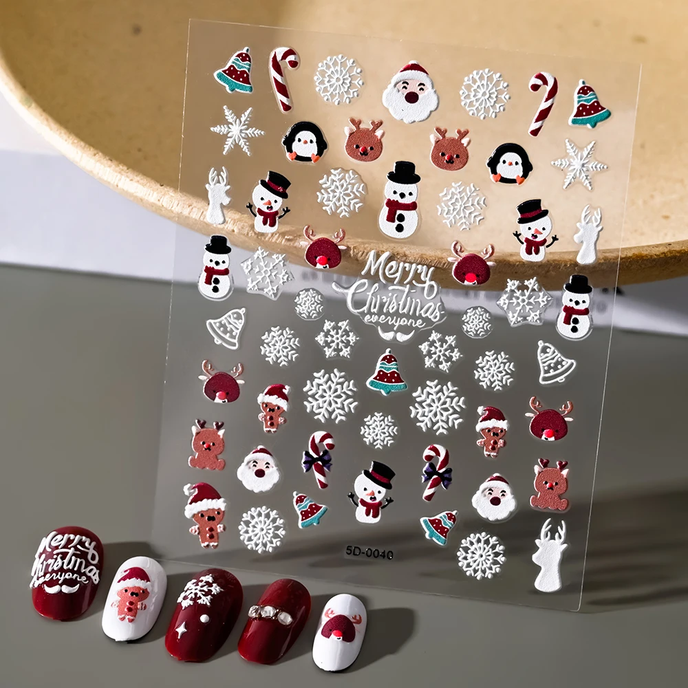 

5D Christmas Nail Art Stickers Embossed Snowman Snowflakes Cartoon Santa Claus Elk Snowman Deer Slider Decal Manicure Decorstion