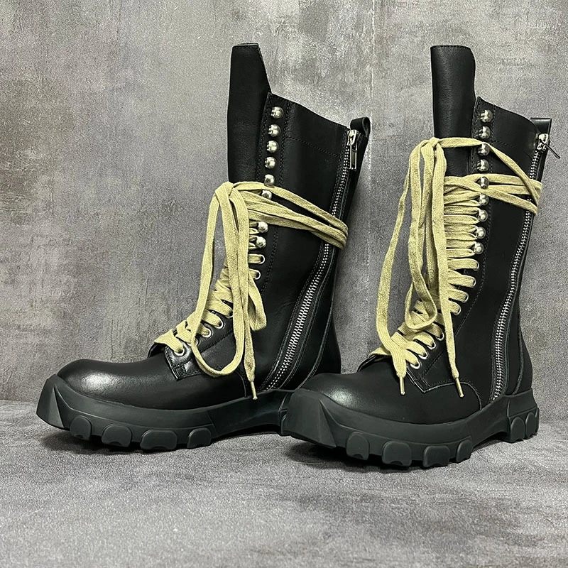 

Qvah Owens Men Women High Top Boots Casual Platform Sneakers Leather Luxury Trainers Lace Up Zip Autumn Black Shoes