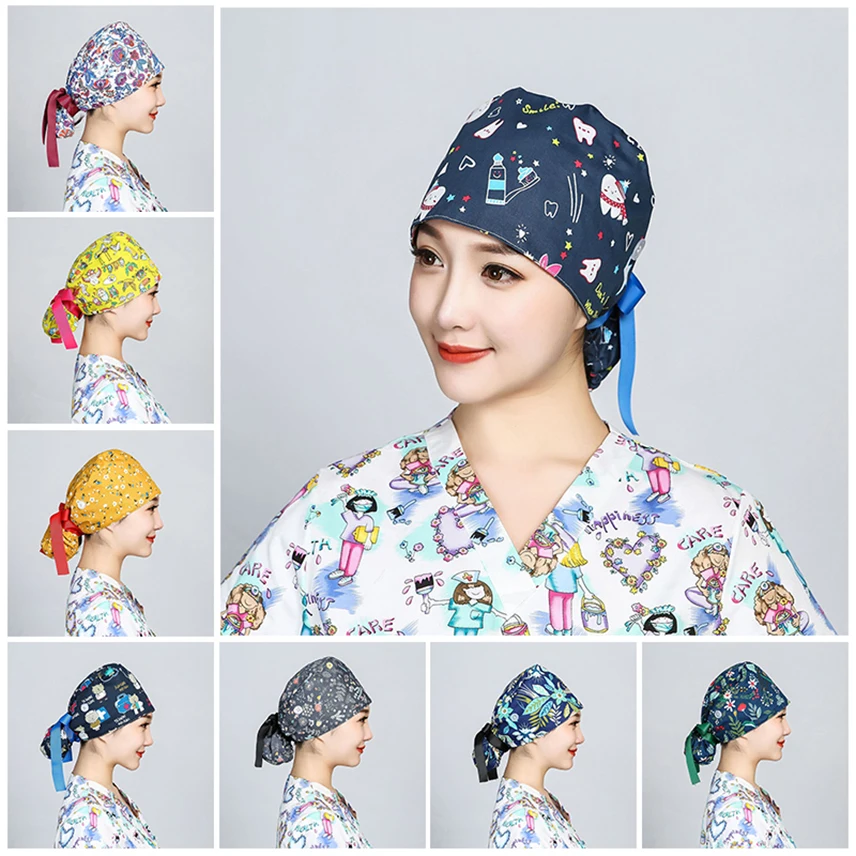 

Women's Cotton Scrubs Caps Weat-absorbent Elastic Section Pet Grooming Nursing Work Hats Lab Flower Print Scrub Hat Wholesale