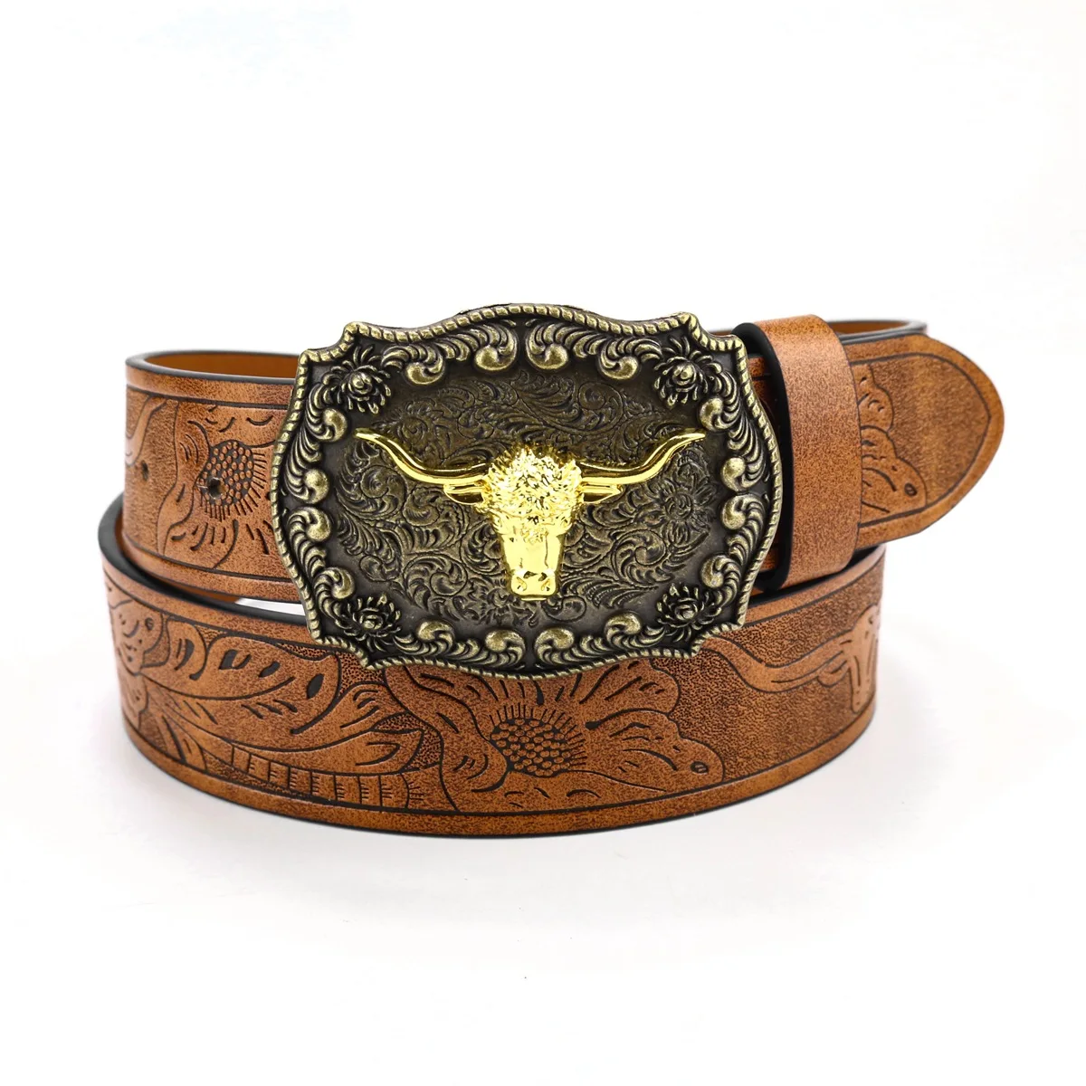 

Western Cowboy PU Leather Vintage Women's Belt Zinc Alloy Cow Head Embossed Men Waist Strap Bull Floral Engraved for Jeans