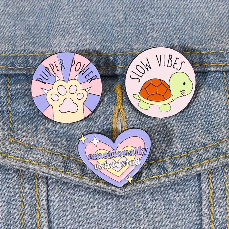

Slow Vibes Enamel Pins Custom Pupper Power Brooches Lapel Badges Animal Cat Paws Turtle Jewelry Gift for Kids Friends