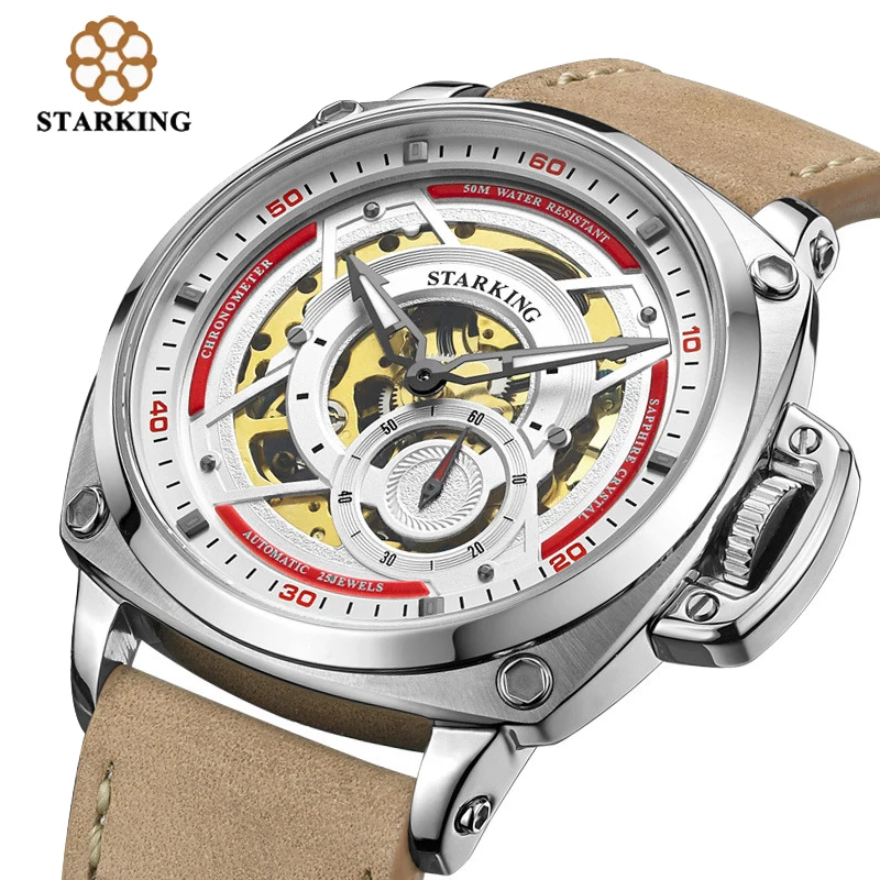 

STARKING Brand New Fashion Skeleton Mechanical Watch for Men Luxury Leather Strap 50M Waterproof Sapphire Sports Mens Watches