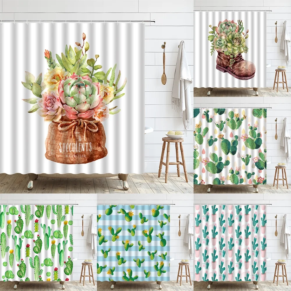 

Tropical Succulents Plant Cactus Floral Shower Curtain Watercolor Botanical Polyester Fabric Home Bathroom Decor Bathtub Screen