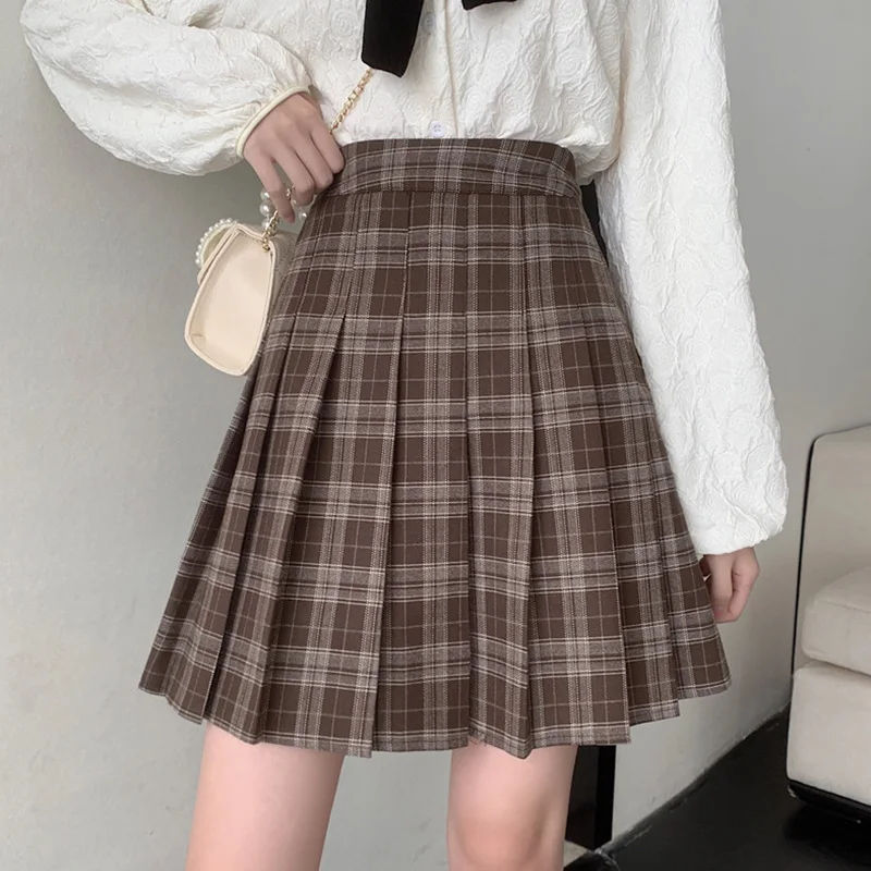 

Vintage Plaid Pleated Skirt for Women New Coffee Grid College Style High Waist A line Skirt Versatile A line Skirts