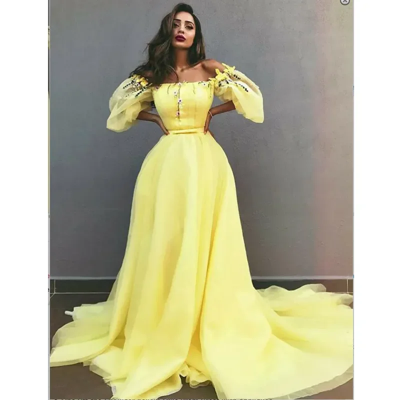 Elegance A-Line Off-the-Shoulder Sexy Evening Dresses Bow Tie Short Sleeve Abric With Appliques Sweep Train Prom Party Gowns
Elegance A-Line Off-the-Shoulder Sexy Evening Dresses Bow Tie Short Sleeve Abric With Appliques Sweep Train Prom Party Gowns