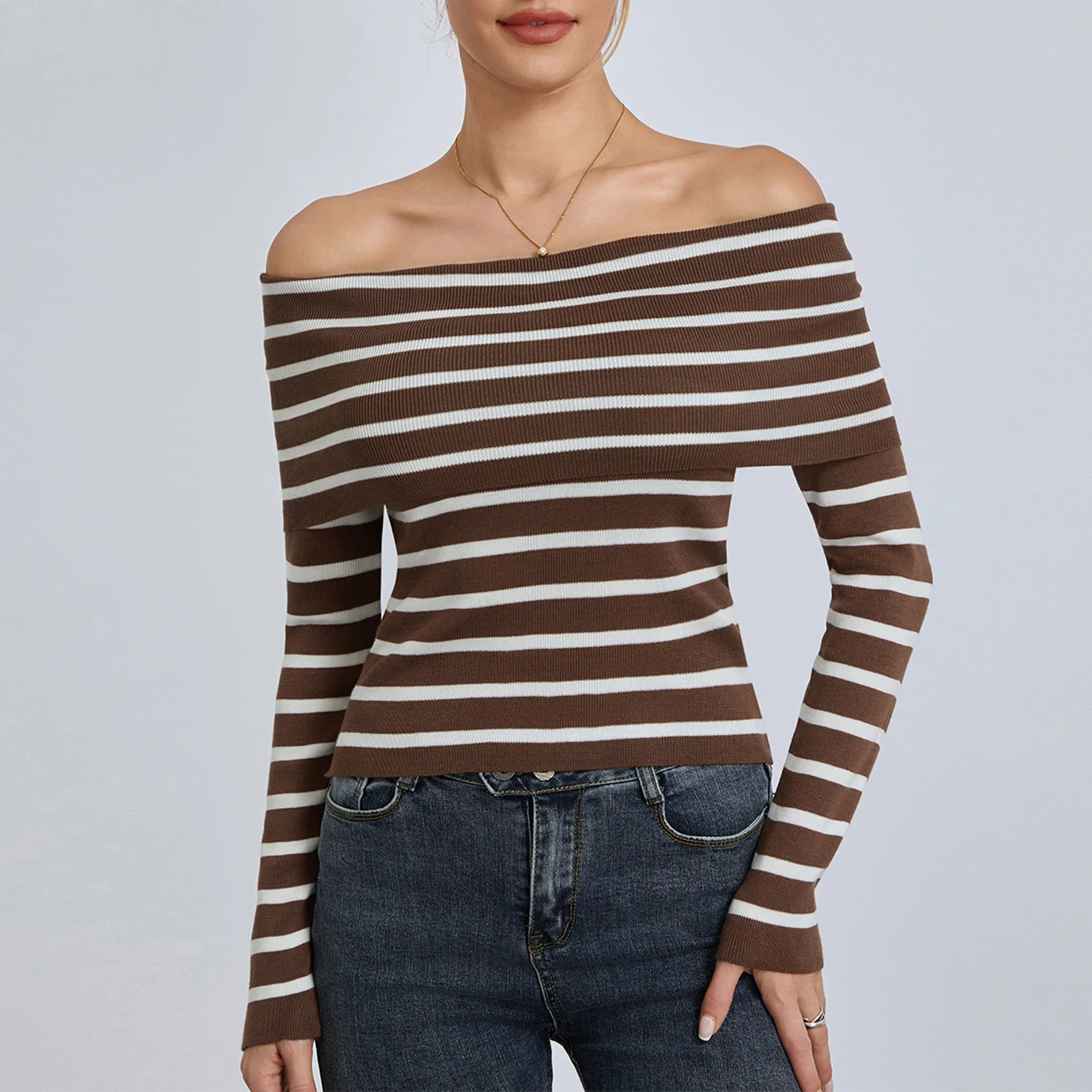 Women‘s Long Sleeve Off-shoulder T-shirt Vintage Striped Slim Fit Tops Ladies Fall Streetwear
Women‘s Long Sleeve Off-shoulder T-shirt Vintage Striped Slim Fit Tops Ladies Fall Streetwear
