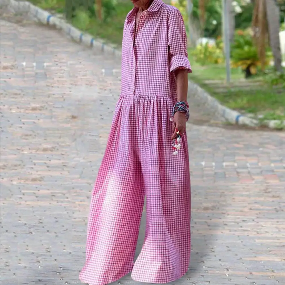 

Office Style Jumpsuit Stylish Check Print Women's Jumpsuit with Long Sleeves Wide Legs Casual Loose Fit for A Fashionable Look