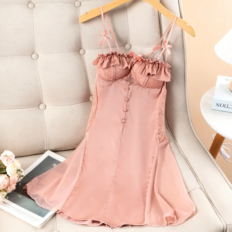 

Summer Women Nightgown Sleepwear Sexy Lace Ruffle Suspender Nightdress Intimate Lingerie Loose Silk Satin Home Wear Loungewear