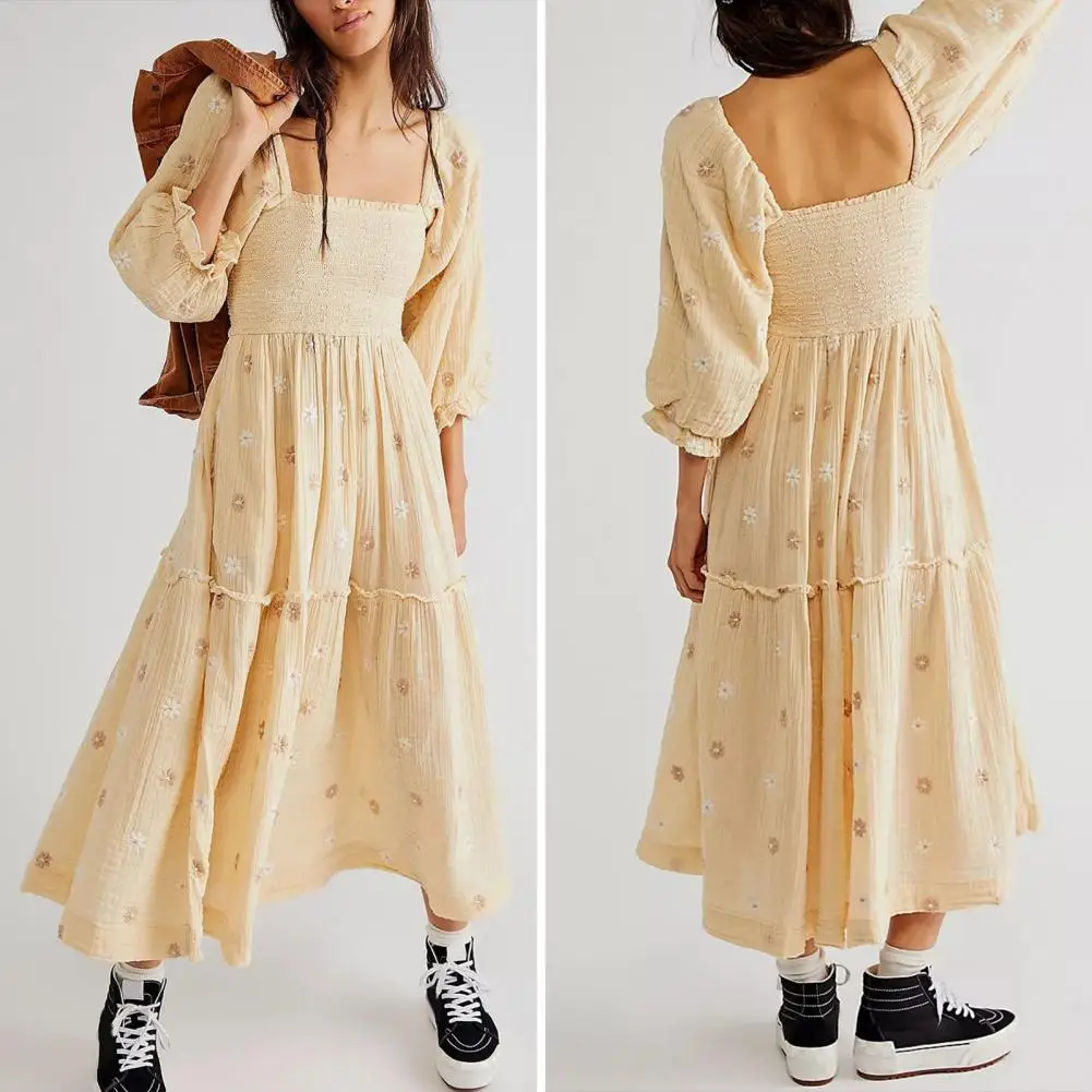Women's Flower Embroidered Maxi Dress Lantern Sleeve Square Neck Tiered Flowy Spring Fall Dress for Lady Loose Hem
Women's Flower Embroidered Maxi Dress Lantern Sleeve Square Neck Tiered Flowy Spring Fall Dress for Lady Loose Hem