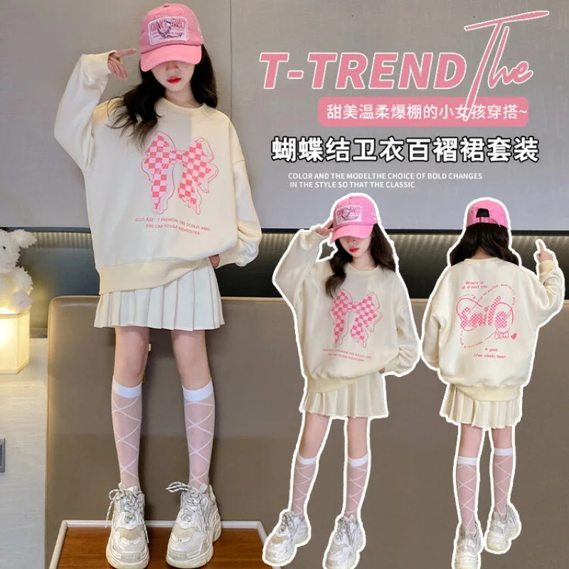 

2023 Autumn Winter Sailor Plaid Bow Sweatshirt T Shirt + Jk Skirt Toddler Girls Teenager Children Set 4 5 6 7 8 9 10 11 12 Year