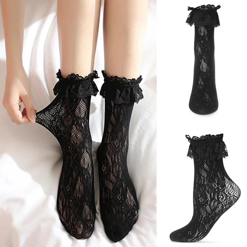 

Women's Japanese Style Allover Lace Ruffle Cuff Vintage Fashion Crew Socks Kawaii Lolita Lovely Black White Socks Hollow Mesh