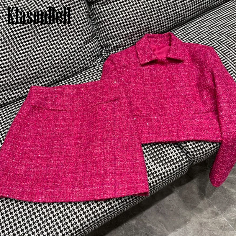 

2.27 KlasonBell Elegant Bling Sequins Tweed Set Women Clothes Turn-down Collar Short Jacket Or Letter Pocket A-Line Skirt