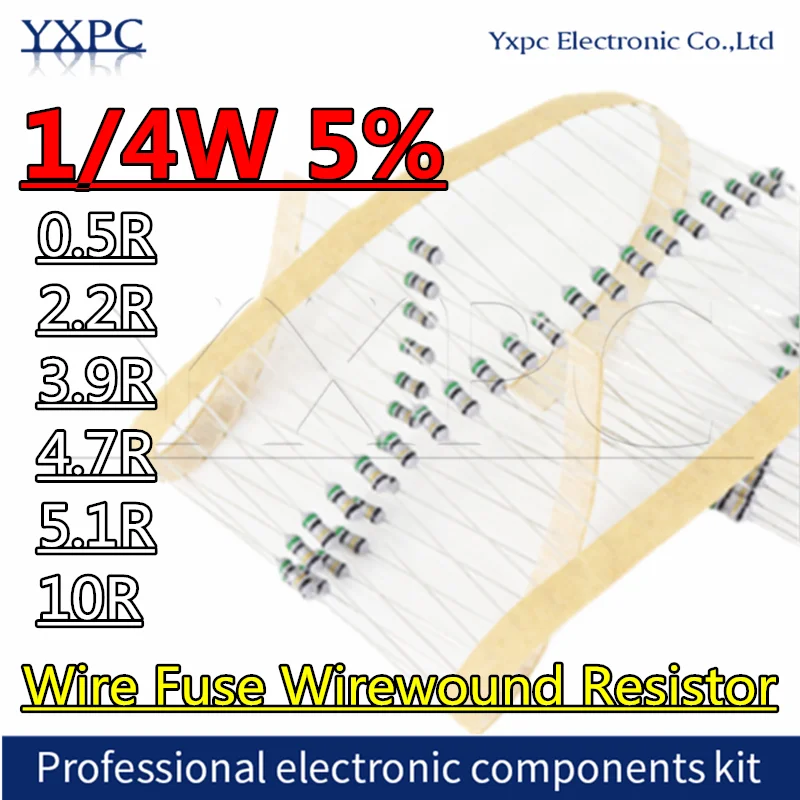 100pcs 1/4W 5% Wire Fuse Wirewound Resistor 0.5R 2.2R 3.9R 4.7R 5.1R 10R winding resistance
100pcs 1/4W 5% Wire Fuse Wirewound Resistor 0.5R 2.2R 3.9R 4.7R 5.1R 10R winding resistance