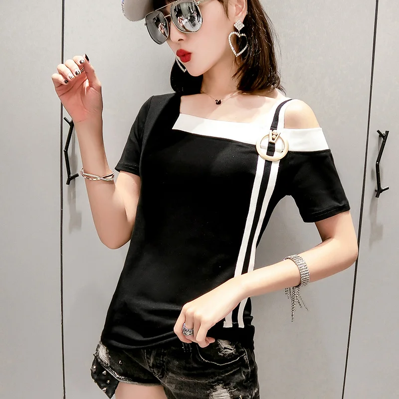 #7180 Black White Spliced Color Off Shoulder T Shirt Women Skew Collar Cotton Skinny Cotton Sexy Club Short Sleeve T-shirt Femme
#7180 Black White Spliced Color Off Shoulder T Shirt Women Skew Collar Cotton Skinny Cotton Sexy Club Short Sleeve T-shirt Femme
