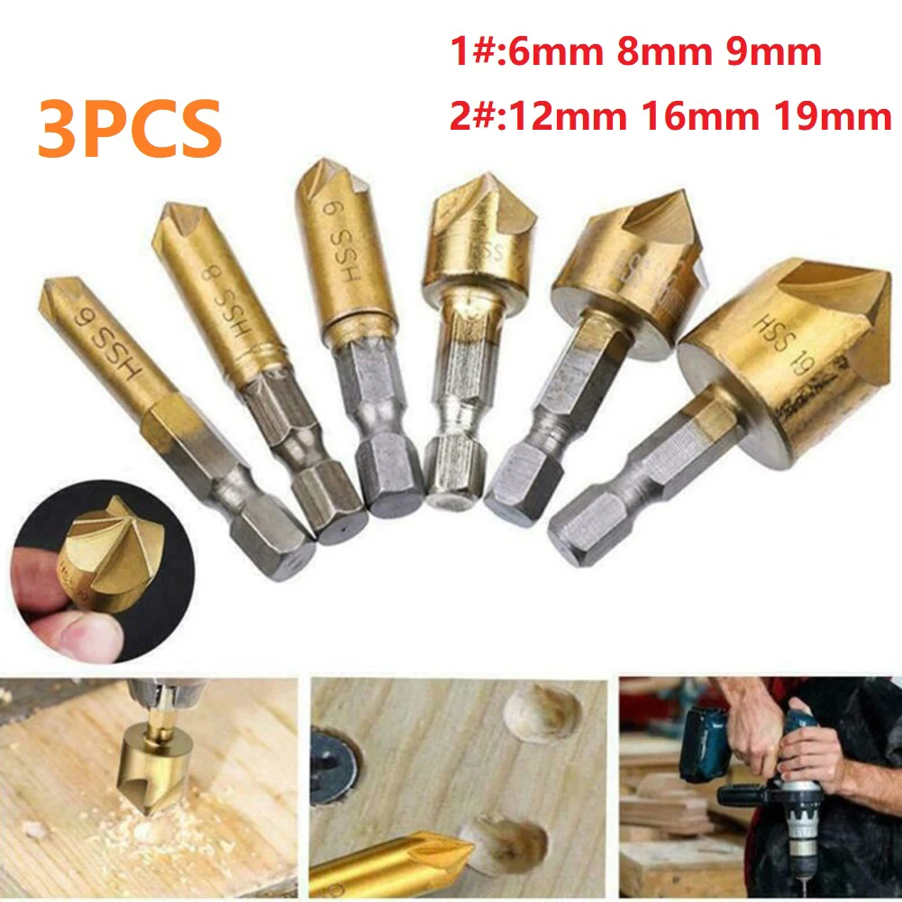 3pcs 1/4Inch Hex Shank 5 Flute 90 Degree Countersink Drill Bit High Carbon Steel Wood Chamfered Cutter Woodworking Tools
3pcs 1/4Inch Hex Shank 5 Flute 90 Degree Countersink Drill Bit High Carbon Steel Wood Chamfered Cutter Woodworking Tools