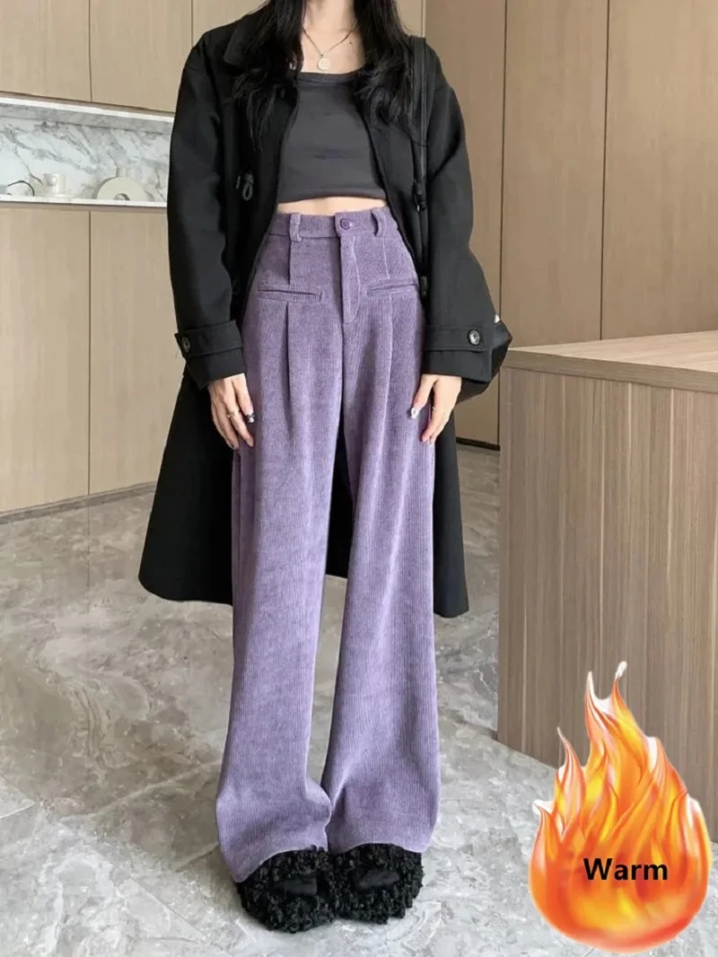 

Korean Winter Thicken Wide Leg Corduroy Pants Warm Velvet Lined Casual Thick Plush High Waist Trouser Women Snow Wear Pantalones