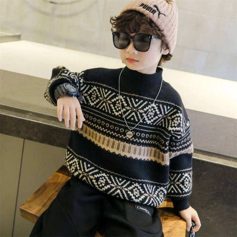 

Boys Woolen Sweater Crochet Cotton Knitting Windbreak 2023 Black Warm Thicken Autumn Winter Pullover Children's Clothing