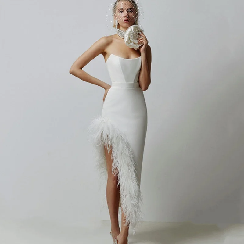 

New 3 Colors Gorgeous Ostrich Feather Sexy Oblique Slit Tube Top Dress Fashion Socialite Dinner Party Dress