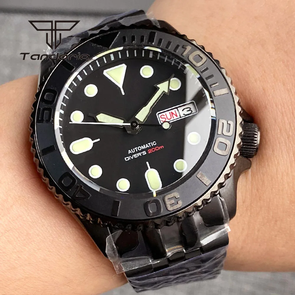 

Tandorio Domed Sapphire Crystal NH36 Double Date Black Pvd 41mm Automatic Men's Watch Diver Wristwatch 3.8 Crown Luminous 20Bar