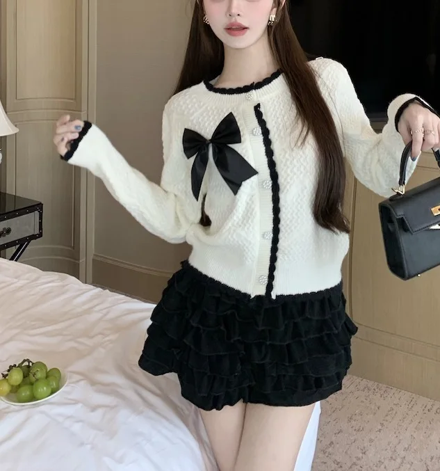 

Bow Knot Contrast Color Sweater Coat Women's Autumn and Winter Unique Versatile Slim Knitted Cardigan Long Sleeve Top Women