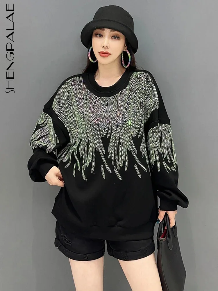 

SHENGPALAE Diamonds Spliced Sweatshirt For Women Spring 2024 New Round-neck Full Sleeve Casual Loose Pullover Female Tops 5R9030