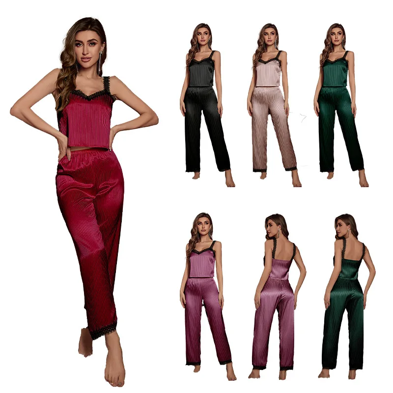 Women Silky Striped Jacquard Satin 2PCS Pajamas Set Sexy Lace Strap Top Pants Pijamas Sleep Suit Summer Sleepwear
Women Silky Striped Jacquard Satin 2PCS Pajamas Set Sexy Lace Strap Top Pants Pijamas Sleep Suit Summer Sleepwear