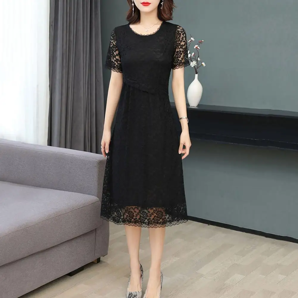 

Mid-calf Length Dress Elegant Floral Embroidery A-line Midi Dress with Hollow Out Lace Detail Double Layers Hem for Women's Knee
