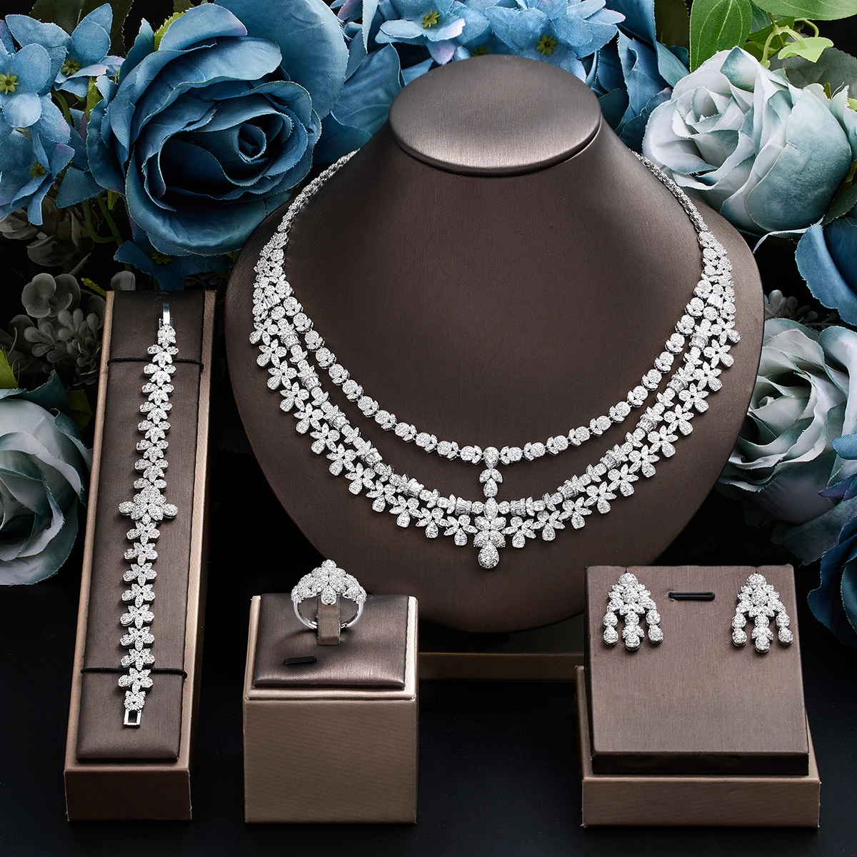 

Luxury 3A Cubic Zirconia Three Layers Wedding Necklace Earring Dubai Nigeria Bridal Jewelry Set for Women Dance Party