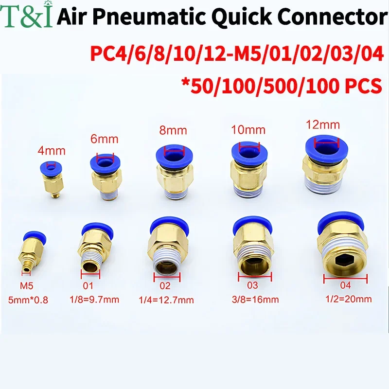 

50/100/500 PCS Air Pneumatic Fitting Quick Connector Male Thread Compressed Hose Tube Pipe PC4-M5 PC6-01 PC8-02 PC10-03 PC12-04