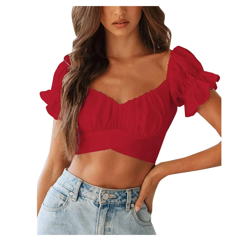 

Summer Crop Top Women Short Puff Sleeve Blouses Square Collar Crop Top Back Ruffle Tie Up Shirt Off The Shoulder Blouses Femme