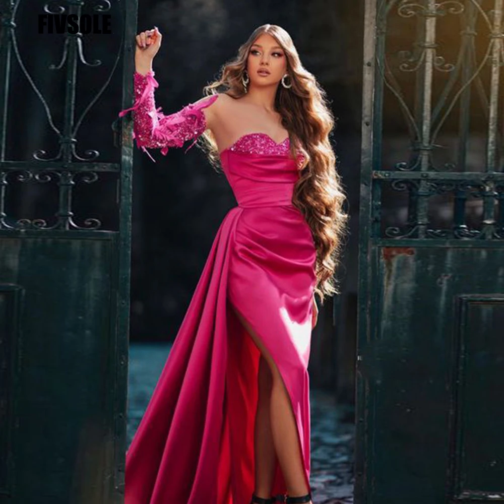 Fivsole Fuchsia Evening Dress Appliques Feathers Sweetheart Mermaid Prom Gowns Split Sleeves Sexy Prom Party Gown for Graduation
Fivsole Fuchsia Evening Dress Appliques Feathers Sweetheart Mermaid Prom Gowns Split Sleeves Sexy Prom Party Gown for Graduation