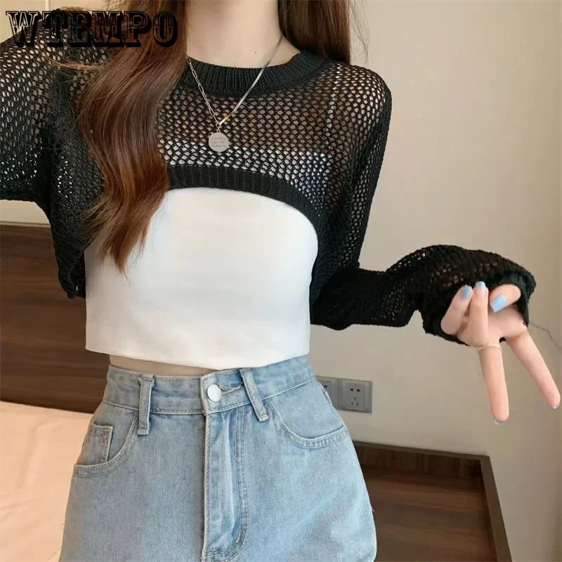 Hollow Thin Long-sleeved Shirt Women's Summer and Autumn Round Neck Short Knitted Blouse Drop Shipping Wholesale
Hollow Thin Long-sleeved Shirt Women's Summer and Autumn Round Neck Short Knitted Blouse Drop Shipping Wholesale
