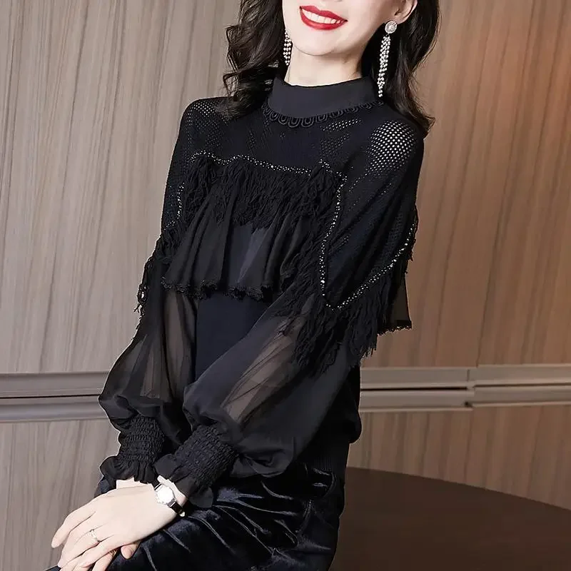

Elegant Gauze Spliced Beading Tassel Ruffles Blouses Women's Clothing 2024 New Loose Korean Tops Lantern Sleeve Shirts SQ40