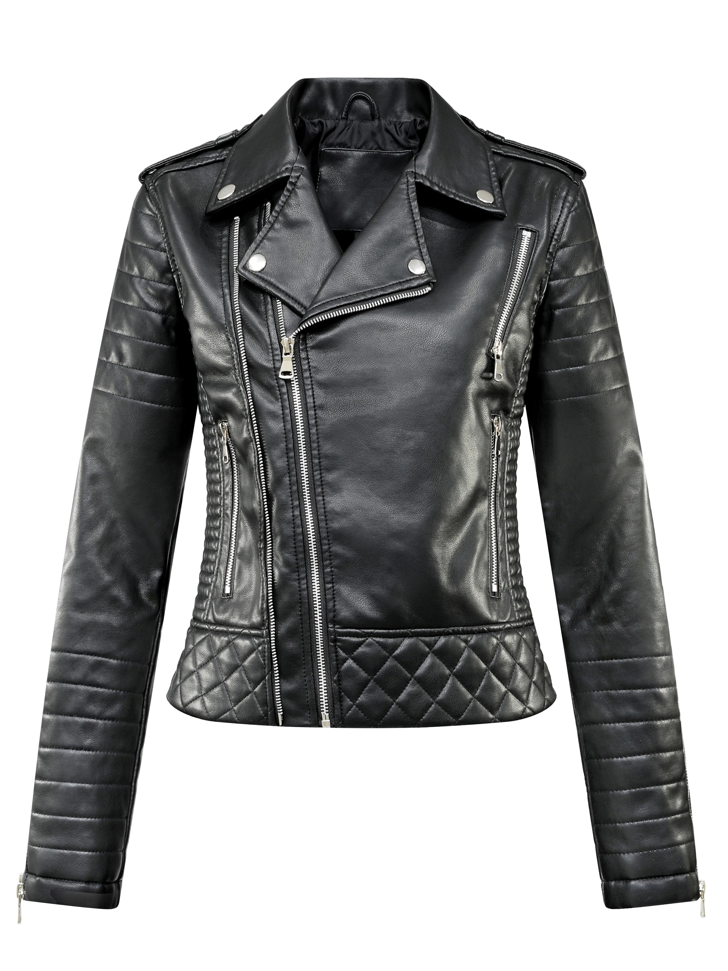 

Женская короткая куртка из искусственной кожи, мотоциклетная Свободная куртка с тиснением, на молнии, с отворотом, верхняя одежда, весна-осень 2024