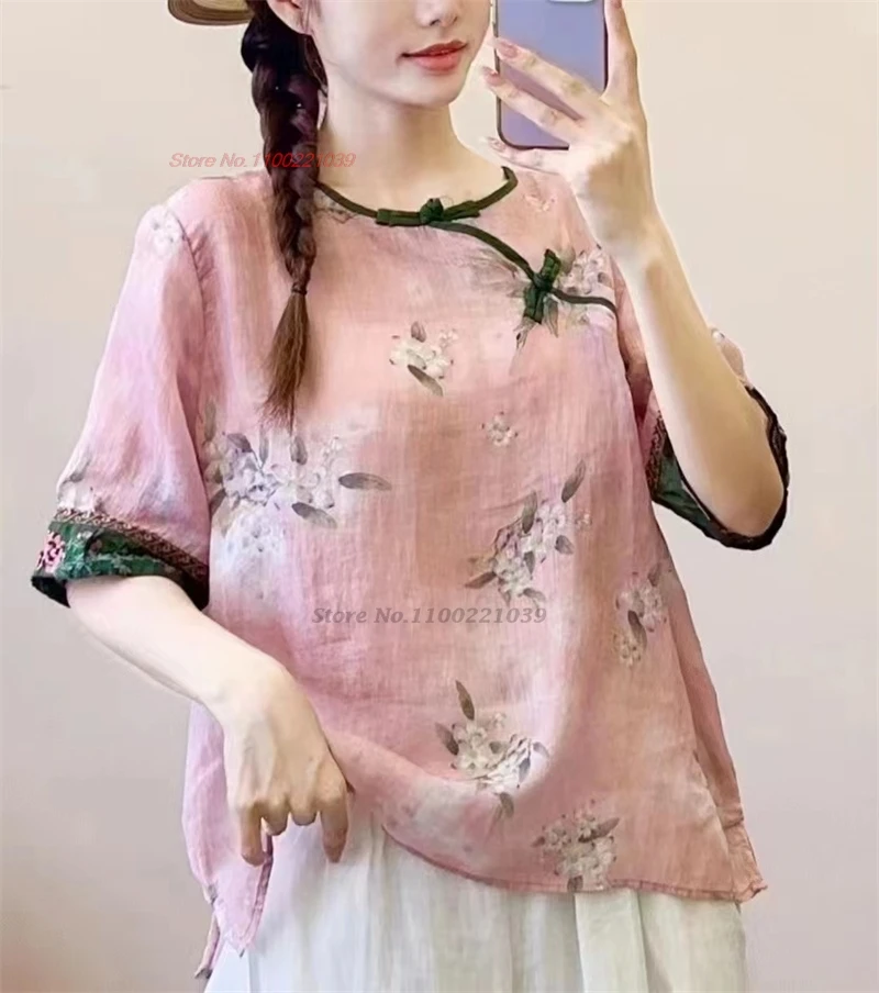 

2024 women vintage blouse national flower print ethnic 100% linen blouse traditional hanfu tops oriental improved qipao blouse