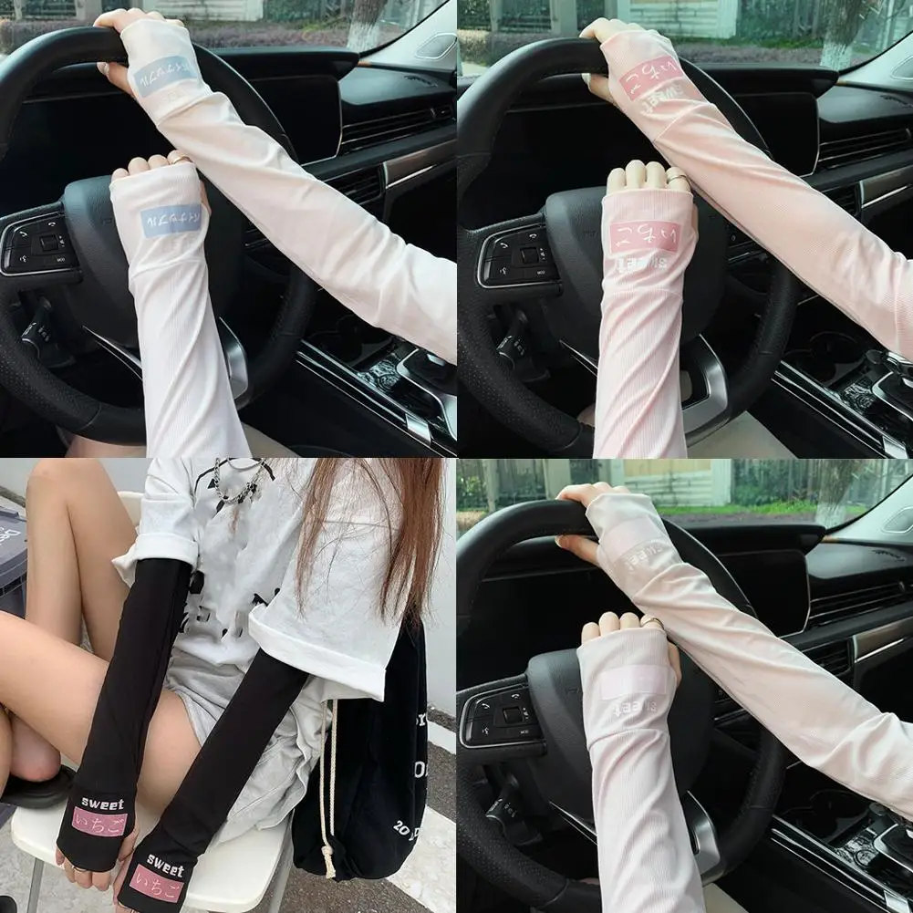 

Summer Long Fingerless Gloves Women Sun Protection Cover Sleeve Silk Driving Sunscreen Thumb With Cooling Ice Arm Hole Slee R4H1