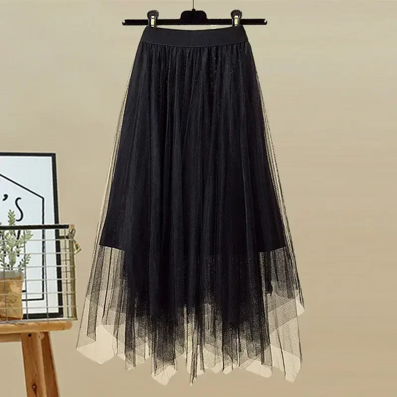 Женские летние костюмы больших размеров в западном стиле, шифоновая юбка-трапеция с завышенной талией и асимметричной белой марлевой юбкой 
Женские летние костюмы больших размеров в западном стиле, шифоновая юбка-трапеция с завышенной талией и асимметричной белой марлевой юбкой