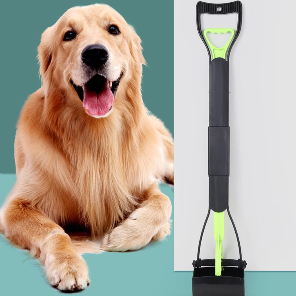 Dog Poop Scooper | Jaw Clamp Heavy Duty Poop Scooper A side-by-side comparison featuring a happy Golden Retriever sitting on the left and the lime green pooper scooper on the right, indicating that the tool