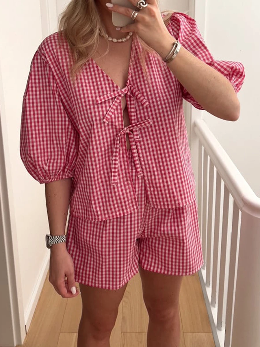 

Women Y2k Peplum Shirt Shorts Set 2 Pieces Pajamas Sets Puff Sleeve Front Tie Top Plaid Lounge Set Outfits