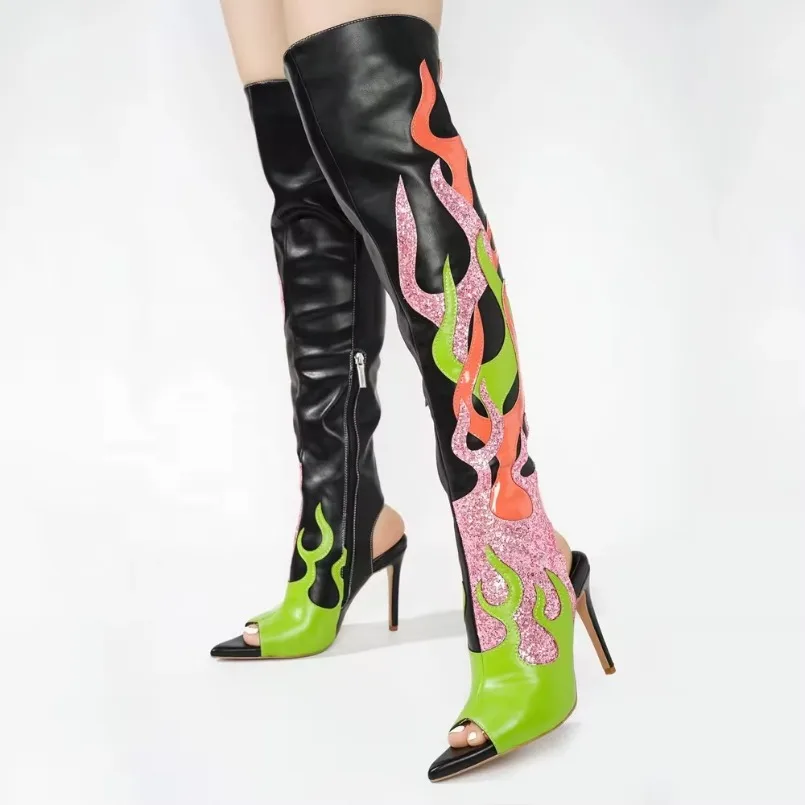 Women Mixed Glitter Fire Over Knee High Boots Peep Toe Stiletto Thin Heels Flame Shoes Side Zipper Summer Long Booties 
Women Mixed Glitter Fire Over Knee High Boots Peep Toe Stiletto Thin Heels Flame Shoes Side Zipper Summer Long Booties