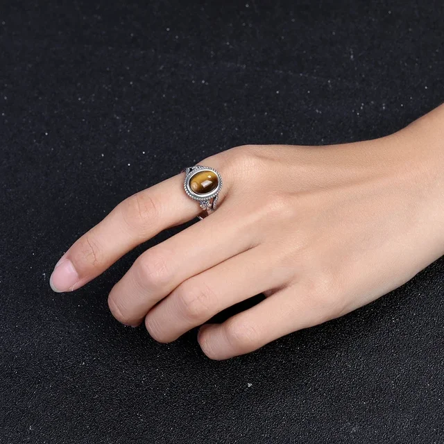 Bague œil de tigre naturel en argent regardé 925 pour femme, bague en agate noire en forme de fleur, bijoux fantaisie, cadeau, 8x10mm 2