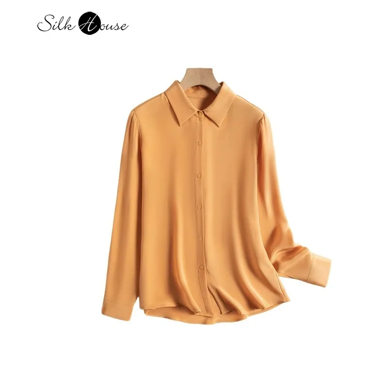 

2024 Women's Fashion Spring/Summer New 35MM Heavyweight 100%Natural Mulberry Silk Yellow OL Style Simple Luxury Versatile Shirt