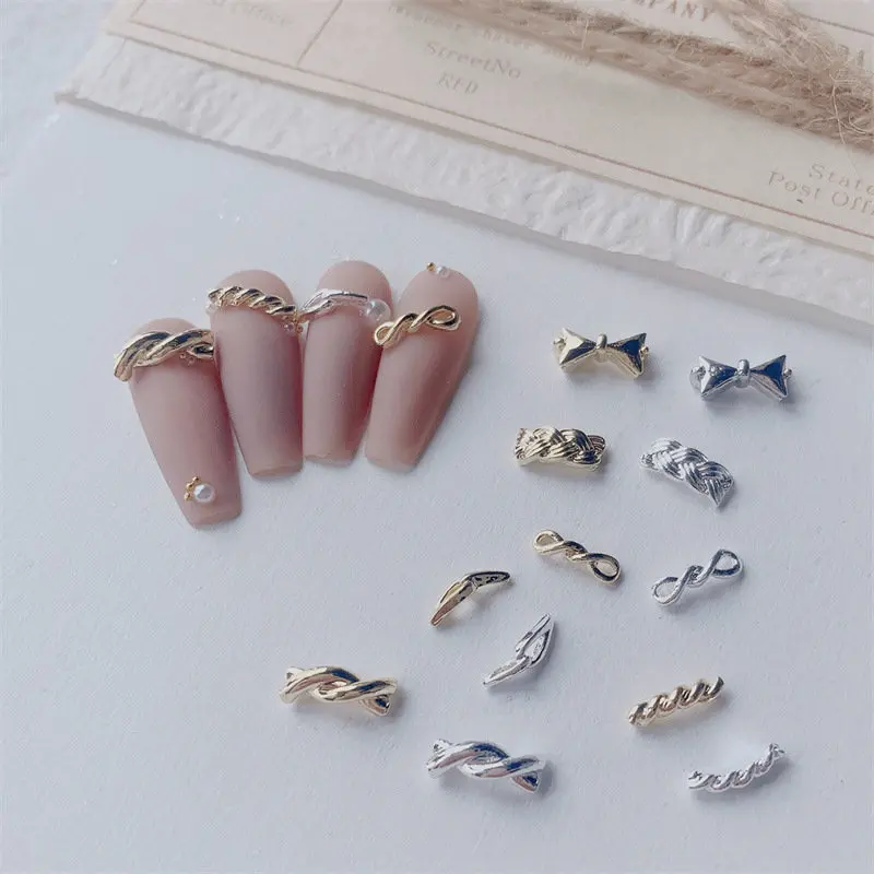 

100pcs Alloy Gold Silver Braided Twist Curved Knot Rivets Studs Metal Manicure Nail Art Accessories DIY Nails Decoration Charms