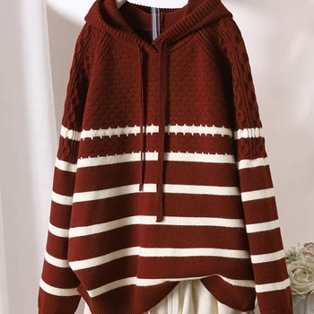 2023 Autumn/Winter New Fashion Womens Stripe Pullover Knitwear Loose Korean Style Hooded Sweater