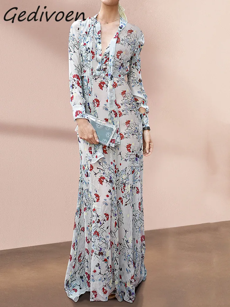 Gedivoen Summer Fashion Designer Vintage Slim Dress Women Full Sleeve Bow Frenulum Gathered Waist Sashes Floral Print Long Dress
Gedivoen Summer Fashion Designer Vintage Slim Dress Women Full Sleeve Bow Frenulum Gathered Waist Sashes Floral Print Long Dress